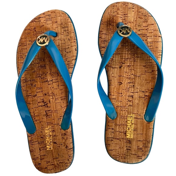 MK Michael Kors Jet Set Jelly Flip Flop Sandals Blue Straps PVC/Cork Size 8M - Picture 4 of 11